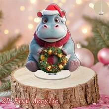 1pc 2D Rotating Acrylic Desktop Decor, Cute Cartoon Hippopotamus Wearing Santa Hat Holding Christmas Wreath With Bells, Christmas & New Year Home Decor, Rotating Base, Holiday Atmosphere Decoration