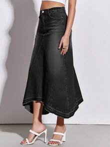 Women's Casual High Waist Long Jean Skirt A-Line Denim Maxi Skirt With Irregular Raw Hem Vintage Street Style - 黑色 - 查看 1