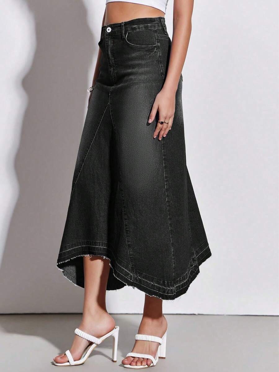 Women's Casual High Waist Long Jean Skirt A-Line Denim Maxi Skirt With Irregular Raw Hem Vintage Street Style - 黑色 - 查看 1