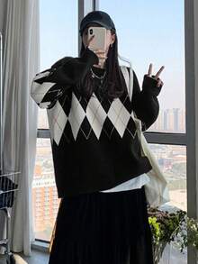 女士黑色宽松针织毛衣，秋冬休闲套头衫 - 黑色 - 查看 7