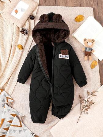 Mono con capucha de moda para recién nacidos de otoño/invierno, mono de peluche cálido con diseño de orejas de oso de dibujos animados 3D unisex para bebé, adecuado para interiores y exteriores