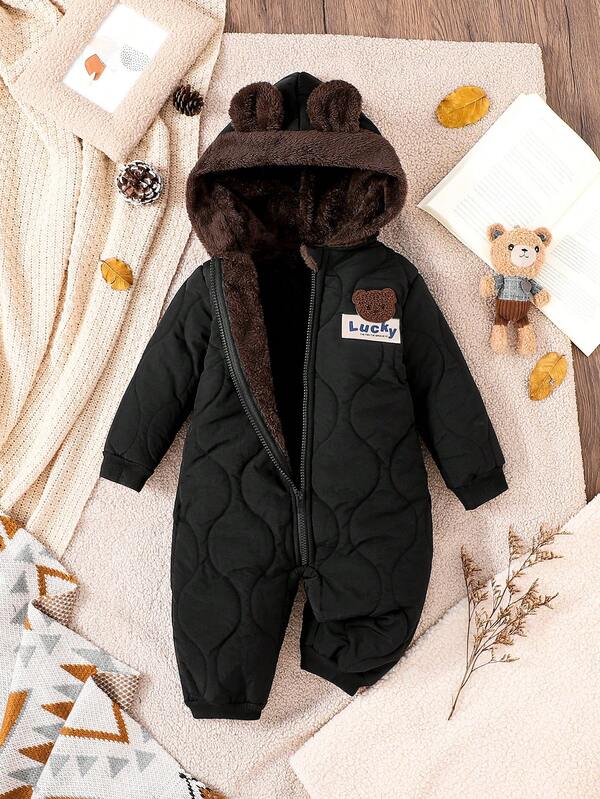 Autumn/Winter Fashionable Newborn Hooded Jumpsuit, Unisex Baby 3D Cartoon Bear Ear Design Plush Warm Jumpsuit, Suitable For Indoor And Outdoor
