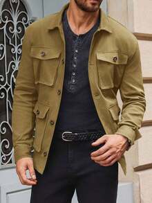 Men's Lightweight Jacket Button Up Casual Windproof Work Coat With Pockets - Màu Khaki - Xem 2