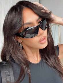 1 PC Women's Acrylic Wrap Shape Y2K Outdoor Cycling Fashion Glasses For Daily Outdoor Sports Use For Summer Beach Vacation,Outdoor,Travel Preppy Style For Back To School - 黑色 - 查看 5