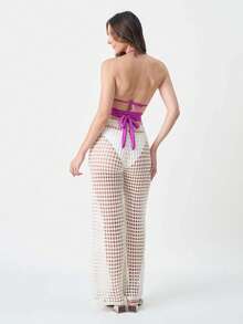 Knitted Beach Cover-Up Pants With Elastic Tie-Up Fishnet - trắng - Xem 5