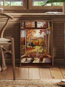 1 Piece Window View Poster Fall Art Posters Harvest Print Picture Pumpkin Decorative Paintings Maple Leaf Wall Arts Aesthetic Wall Picture Vintage Poster Set Living Room Wall Decor No Frame