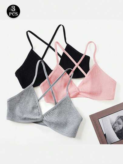 3 paquetes de Sujetador de triángulo sin costuras y sin aros sexys para mujer con espalda cruzada y diseño de escote en V profundo, tops sin relleno para mujer, ropa interior de mujer, sujetadores para volver al colegio