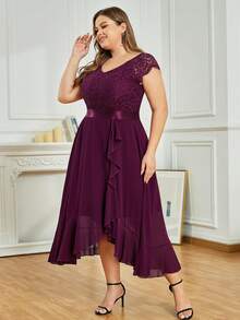 Plus Elegant V Neck Lace Contrast Ruffle Split Hem Chiffon Evening Party Long Dress, Homecoming Dress, Wedding Guest Dress, For Birthday, Graduation