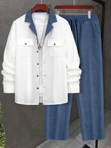2 piezas Camisa de manga larga con cuello de solapa, bolsillos dobles y ribete de contraste, y pantalones de unicolor con cordón, traje casual regular para hombre en otoño/invierno