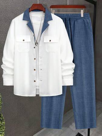 2 件男士秋冬撞色边单排扣领双口袋长袖衬衫和抽绳纯色长裤休闲常规西装