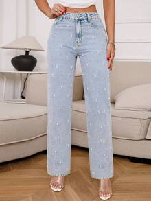 Heavy-Duty Rhinestone Embellished Women's Jeans - Light Wash - View 3