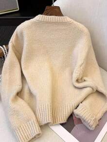 Women's Vintage Casual Loose Commuting Versatile Soft Heart Pattern Pullover Knit Sweater - Khaki - View 2