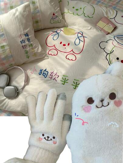 女学生秋冬韩版手套，可爱设计，加厚保暖内衬，骑行、日常穿着、寒冷天气外出皆宜。五指设计，活动自如。触屏兼容，使用手机无需摘下。柔软棉质面料，舒适保暖。旅行、女士冬季手套、手套、女童手套、男士冬季手套、工作手套、毛绒手套、摩托车手套。