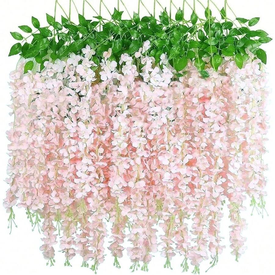6/12/24 件装紫藤花藤花环，3.75 英尺人造花串，仿真悬挂花，丝绸紫藤花环，适用于婚礼、花园、墙面装饰 - 淺粉色 - 查看 1