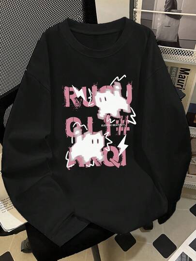 女士宽松字母印花棉质长袖T恤，适合春秋季节穿着