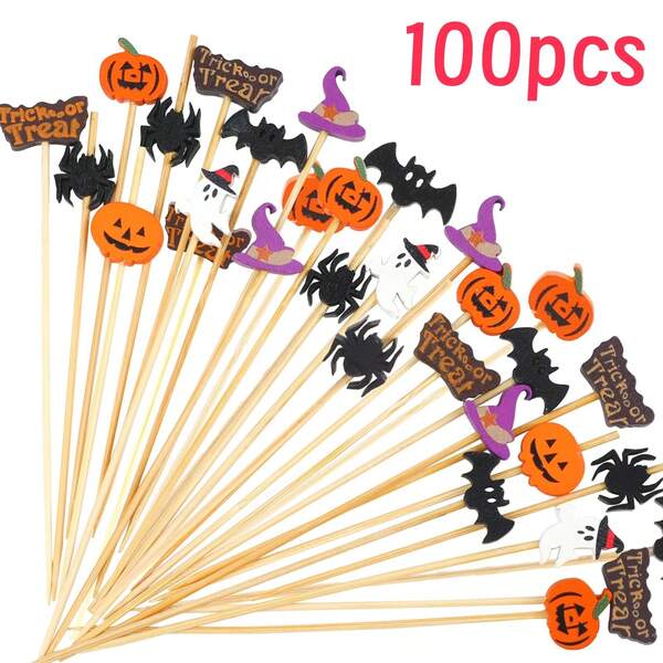 100pcs/Bag Halloween/Christmas Bamboo Stick Fruit Toothpick Cake Food Fruit Pick Toothpick For Halloween Christmas Party Supply