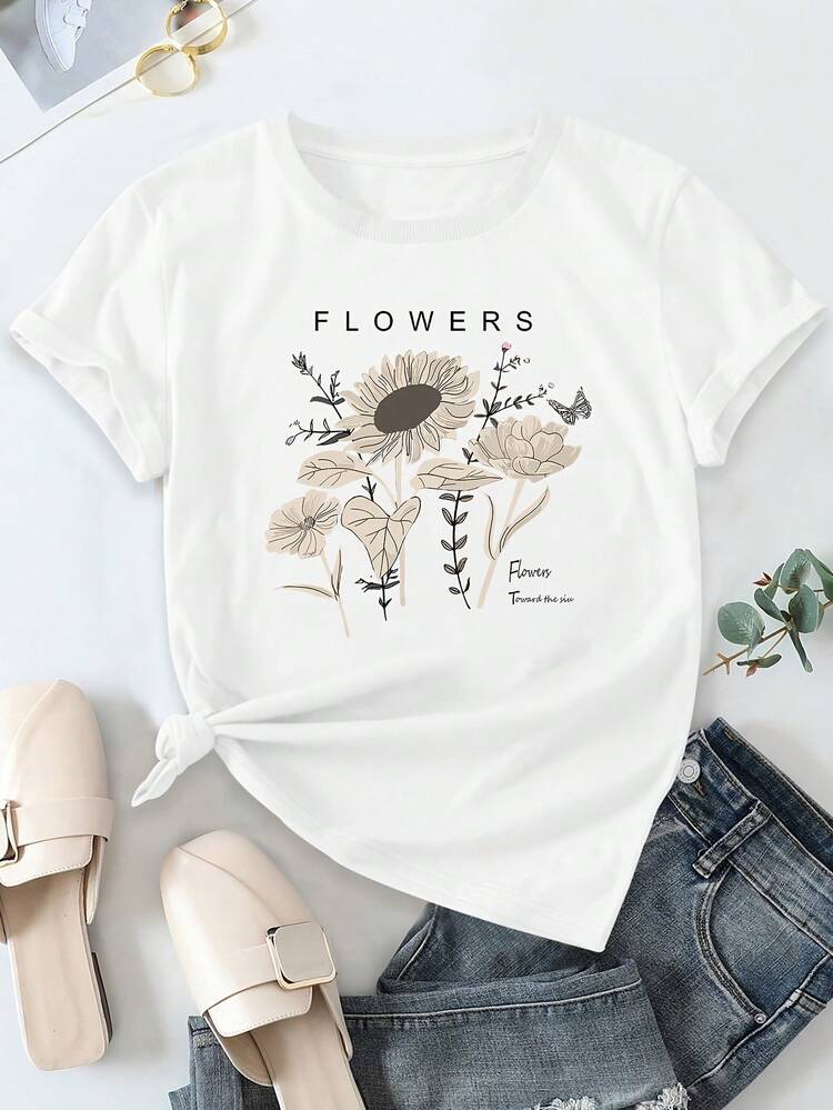 Camiseta Casual De Mujer 100% Estampado Floral - Cuello Redondo Y Manga Corta Con Diseño De Girasoles Y Margaritas, Suave Y Transpirable, Esencial Para Primavera/Verano Lavable A Máquina - Blanco - Añade 3
