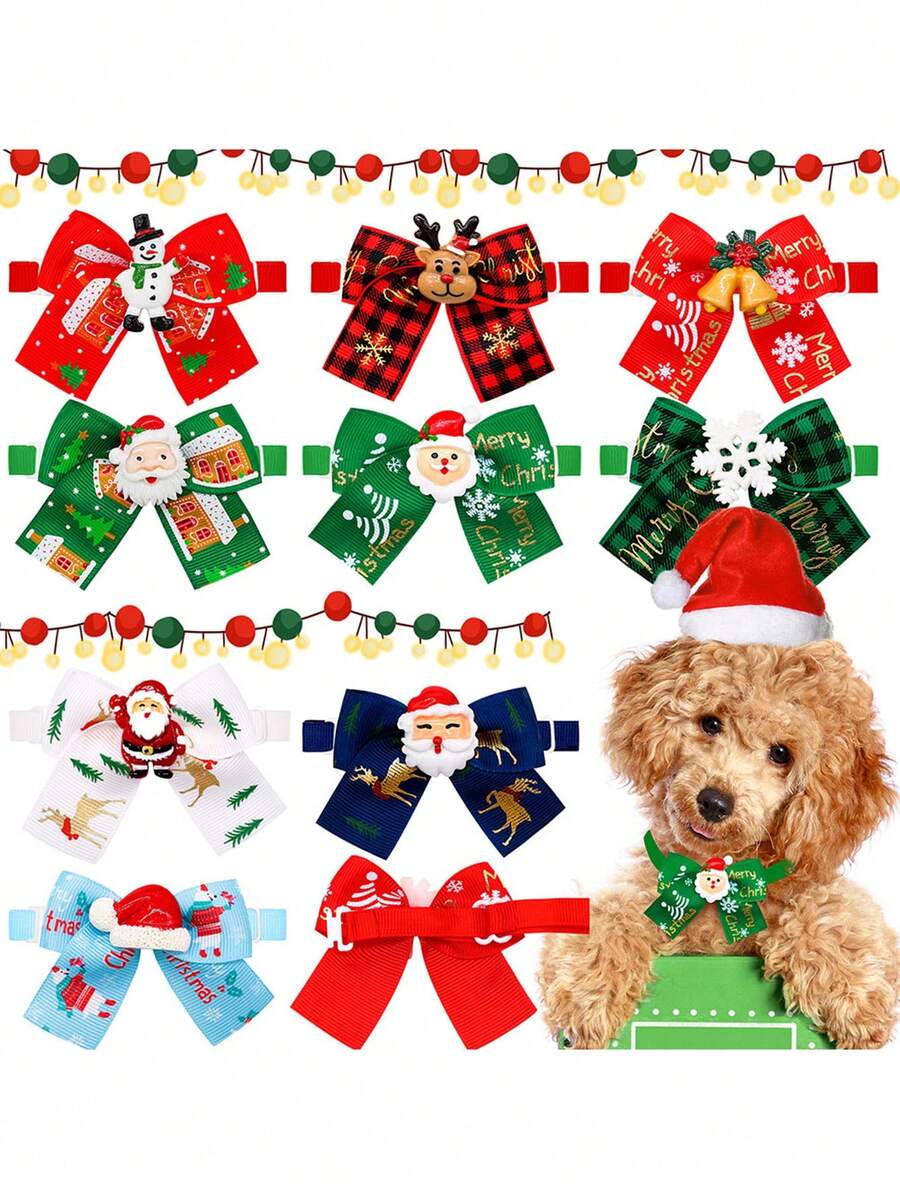 10件全新圣诞蝴蝶结、圣诞老人、公仔狗猫宠物吊坠、圣诞宠物配饰、宠物领带、宠物装饰，适合节日派对，款式随机 - 彩色 - 查看 1