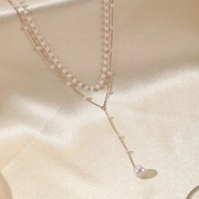 Double Layer Wear Imitation Pearl Necklace Fashion Temperament High Sense Necklace Tassel Drop - Y Shaped Choker For Women, Birthday Gift For Her - Vàng - Xem 4
