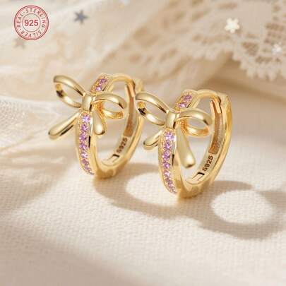 Artepollo 1 chiếc khuyên tai vòng nơ bạc Sterling 925 không gây dị ứng, khảm đá Zirconia hồng, tinh tế và thanh lịch, quà tặng cho bé gái, bạn bè, trở lại trường, Giáng sinh