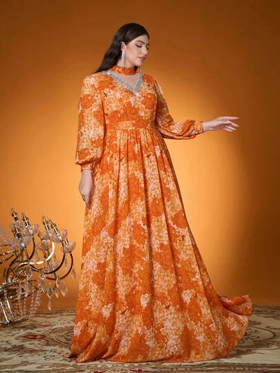 Mgiacy,New Arrival,High Neck,Printed,Elegant,Plus Size Ball Dress,Embroidered Pearl Collar Flower,Perspective,Lantern Sleeve,FOR,Graduation,Prom Wedding,Party Dress,Wedding Guest Dress, Evening Dress