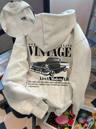 大码女式度假复古风 - 复古汽车英文句子图案连帽长袖休闲春夏秋季女式大码长袖卫衣外出上衣，女式度假穿搭
