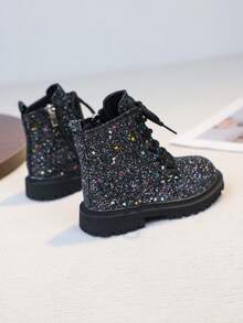 1 Paar Kinder Mode Lässig rutschfeste Stiefel, einfarbiges glänzendes Schnürdesign, seitlicher Reißverschluss Mädchen Stiefel geeignet für Reisen und Urlaub (zufällige Sohle)