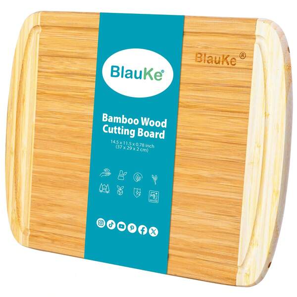 Large Wood Cutting Board For Kitchen 14x11 Inch - Bamboo Chopping Board With Juice Groove - Wooden Serving Tray