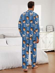 Printstory Customized Men's Long Sleeve Pajama Set, Can Print Any Pattern, Personalized Gift, Suitable For Family, Friends And Holiday Gatherings - Blue - View 2
