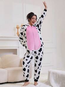 1件装女士保暖法兰绒奶牛印花连体睡衣，蓬松柔软，可爱卡通设计，宽松版型，适合圣诞派对和节日礼物，秋冬季节穿着，舒适保暖 - 白色 - 查看 6