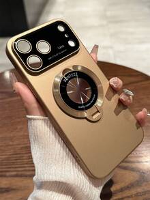 超薄简约磨砂镂空磁吸支架手机壳适用于 17Air 16 15 14 Plus 13 12 11 Pro Max奢华无线充电指环支架镜头保护磨砂后盖 - 沙漠金 - 查看 2