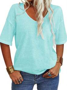 Women's 3/4 Sleeve Shirts V Neck Loose Fitting Tops Casual Solid Color Tshirts  Basic Tunic Summer Ladies Tops - 薄荷色 - 查看 1