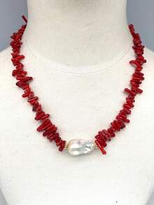 1PC Luxury Boho Retro Red Coral Natural Stones Handmade Pearl Necklace For Women Gift Box For Girls Summer Beach Collar