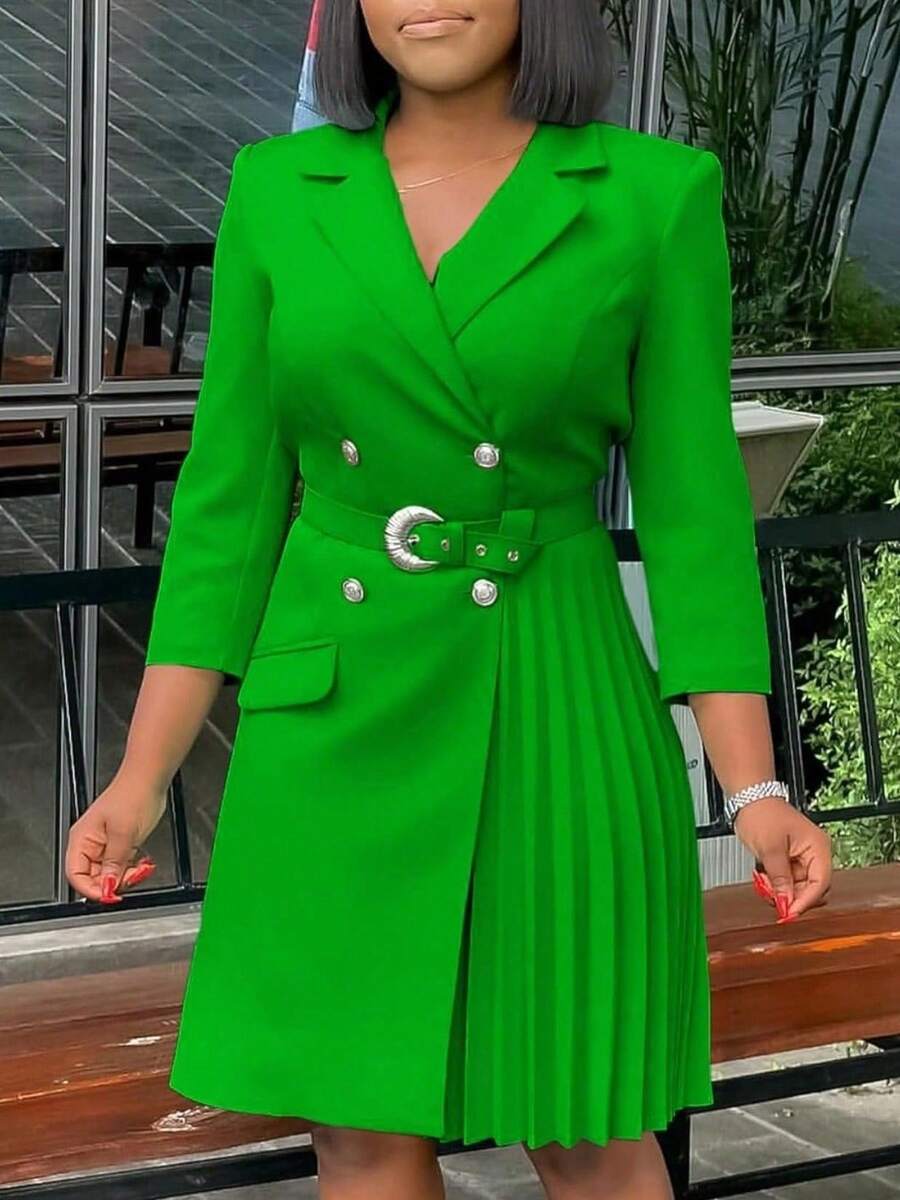 HERTALK Women's Lapel Blazer, Elegant Midi Dress With Pleated Sleeves And Belt - 綠色 - 查看 1