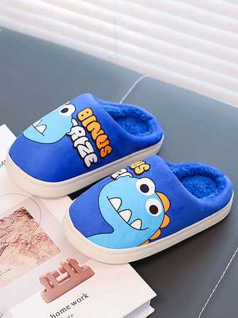 1 Pair Toddler/Kids Cute Dinosaur Print Plush Lined Soft Bottom Indoor Slippers, Suitable For Winter, Unisex