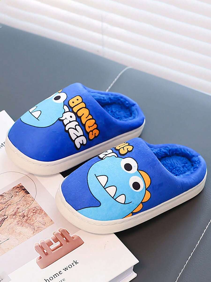 1 Pair Toddler/Kids Cute Dinosaur Print Plush Lined Soft Bottom Indoor Slippers, Suitable For Winter, Unisex