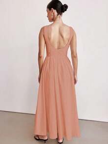 MODA MO, REF: H978 Women's Dress, Long Dress, Sleeveless, Round Neckline, High Waist, Backless, Zipper Dress, Slim Model, A-Line Dress, Elegant, Modern, Light, Comfortable, Versatile, Refined Look, Casual Chic Dress, Event Dress, Sophisticated Look, Summer Dress, Quality Finish, Feminine Style. - 橘色 - 查看 2