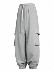 3pcs Plus Size Cargo Pants, Loose Fit Solid Color Drawstring Waist Sports Trousers, Multi-Pocket Workwear, Suitable For All Seasons, Fall Clothes