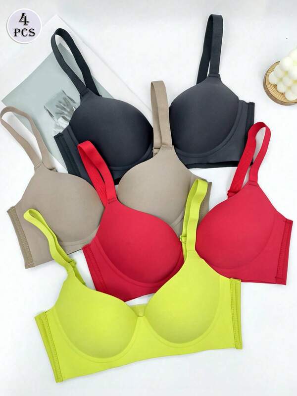 4pcs/Set Women Front Close Full Coverage Wireless Bras, Breathable Thin Bralette Anti-Sagging Lift Up Bras