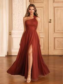 MOEVIO 女式不对称单肩交叉领口薄纱露背 A 字正式长款伴娘婚礼宾客活动礼服，适合夏季情人节生日礼服、秋季女士连衣裙、返校节生日女士服装 - 玫紅色 - 查看 9