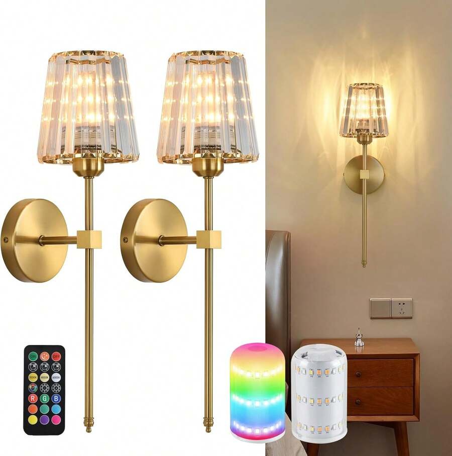 SuperYoPinny Battery Operated Crystal Wall Sconces Set Of 2, Gold Wireless Wall Sconce With USB Rechargeable LED Light Bulbs 12 Colors Dimmable Crystal Wall Lamp With Remote For Bedroom Living Room, Bulbs Included - 金色 - 查看 1