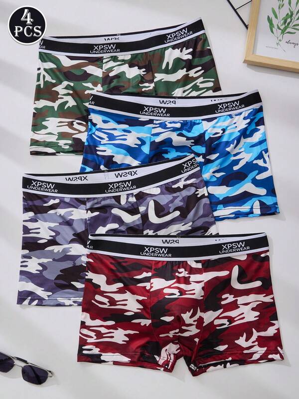 4pcs Men's Camouflage Printed Boxer Briefs Set