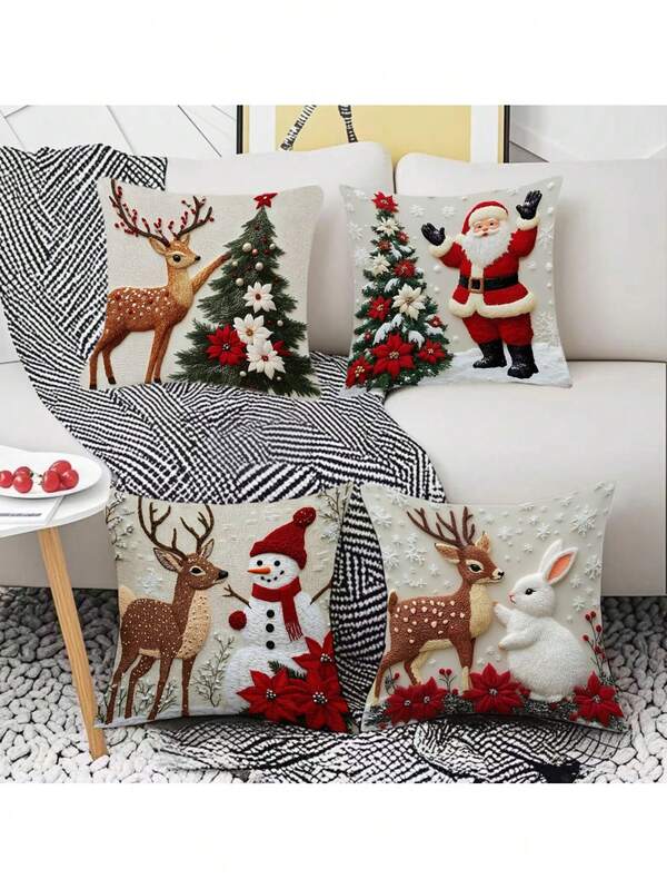 2D Flat Print, 4 Christmas Decorative Pillowcases, Including Christmas Elements Such As Santa Claus And Reindeer, No Actual Embroidery Pattern, 18 Inches, Autumn Decoration, Suitable For Sofas, Beds And Home Decoration, Can Be Given As Gifts (Filling Not Included)