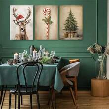 1pc/3Pcs Merry Christmas Canvas Prints With Reindeer, Pine Trees And Candy Patterns, Vintage Christmas Wall Art, Suitable For Living Room, Bedroom, Home Office, Perfect Holiday Gift, Wall Art, Home Decoration, Art Poster,Optional Frame Christmas Decorations Room Decor - Multicolor - View 3