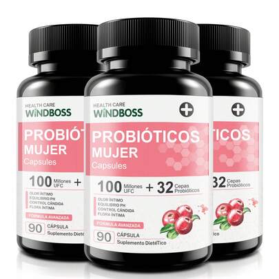 Windboss Probióticos Femeninos con 32 Cepas | Con Extracto de Arándano, Prebióticos y Vitamina C | 90 Cápsulas para Bienestar Íntimo y Equilibrio Natural