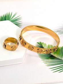 Bộ trang sức nhẫn và vòng tay hoa bằng thép không gỉ 316L mạ vàng 18K 2 chiếc/bộ, phù hợp với trang phục hàng ngày của phụ nữ, thiết kế hoa phổ biến cổ điển của Châu Âu và Châu Mỹ, chống thấm nước, trang sức vàng thường ngày thanh lịch và sang trọng, bộ trang sức cưới, quà tặng cho bé gái, phụ nữ, mẹ, người thân, bạn bè, đám cưới đẹp, sinh nhật, ngày của mẹ, bạn gái, ngày lễ tình nhân - Vàng - Xem 8