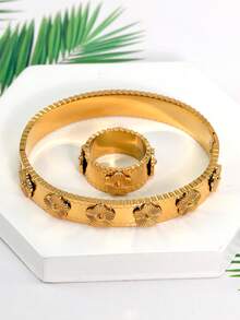 Bộ trang sức nhẫn và vòng tay hoa bằng thép không gỉ 316L mạ vàng 18K 2 chiếc/bộ, phù hợp với trang phục hàng ngày của phụ nữ, thiết kế hoa phổ biến cổ điển của Châu Âu và Châu Mỹ, chống thấm nước, trang sức vàng thường ngày thanh lịch và sang trọng, bộ trang sức cưới, quà tặng cho bé gái, phụ nữ, mẹ, người thân, bạn bè, đám cưới đẹp, sinh nhật, ngày của mẹ, bạn gái, ngày lễ tình nhân - Vàng - Xem 7