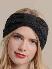 2pcs/1pc European & American Velvet Lined Knitted Headband With Twisted Bow, Sports Headwrap Ear Warmer Hairband - Solid Color - View 4