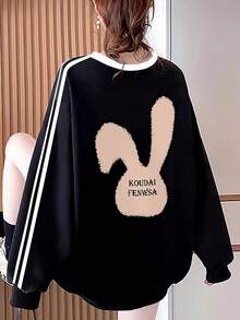 Women's Simple Cotton Black & White Striped Cartoon Rabbit Print Loose Comfortable Casual Vacation Home Daily Fashion Student Teenager Versatile Long Sleeve Sweatshirt