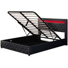 Upholstered Functional Bed - 135x190cm, Storage Space, Slatted Frame, PU (White/Black) - Black - View 5